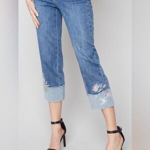 Charlie B Floral Embroidered Cuff Blue Jeans